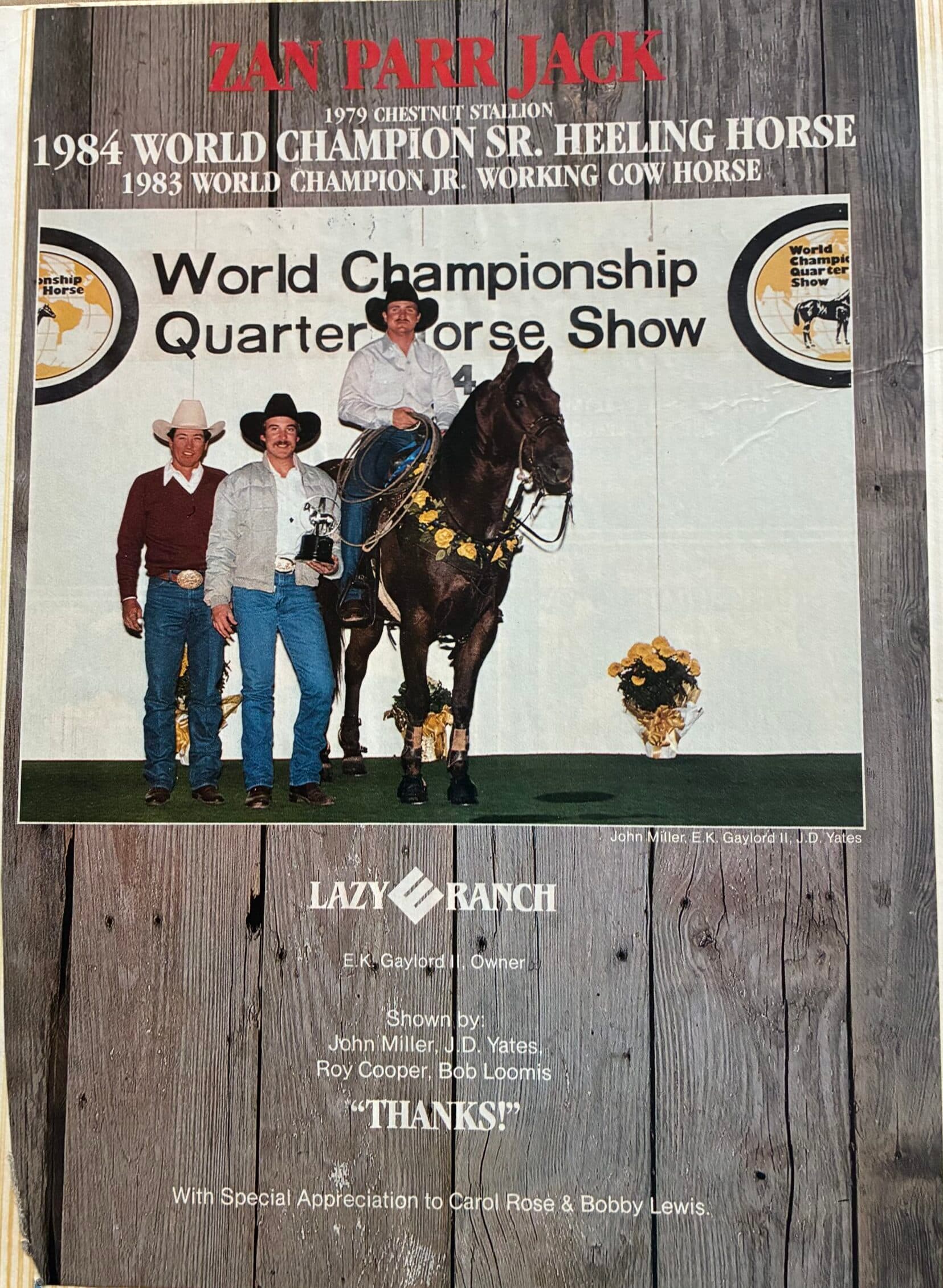 Vintage magazine ad showing a chestnut stallion with a yellow rose garland and mounted rider flanked by two cowboys holding a trophy at a World Championship Quarter Horse Show backdrop
