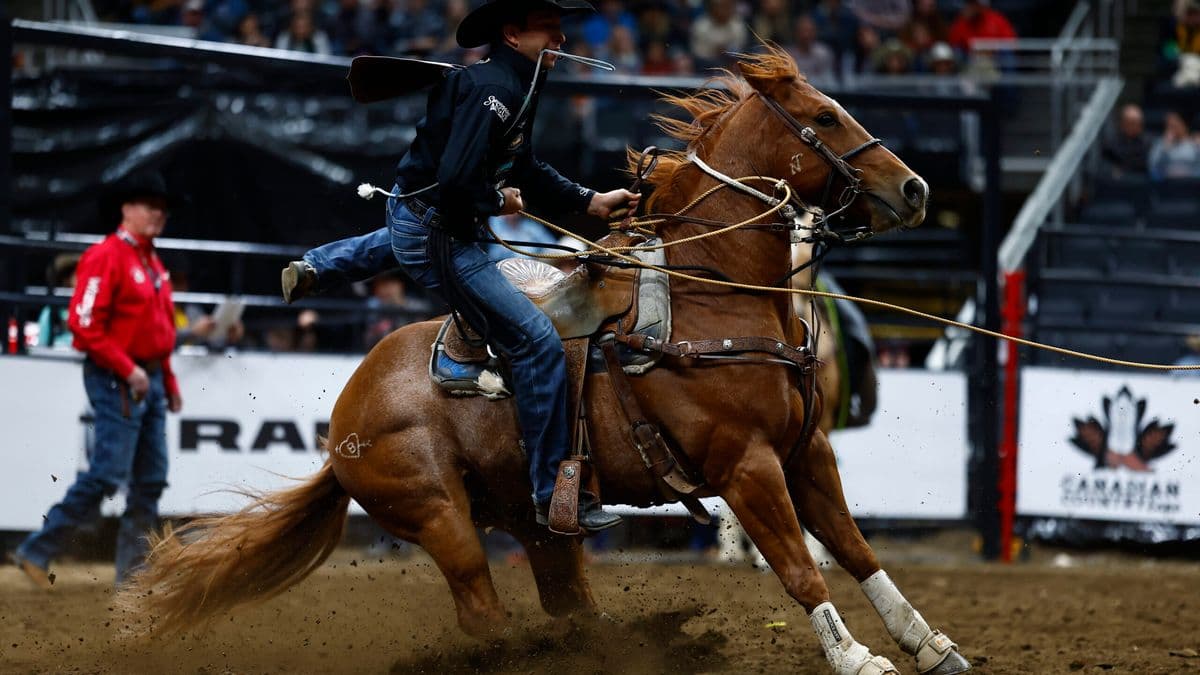 Haven Meged roping for his second Canadian Championship title in the calf roping in 2024.