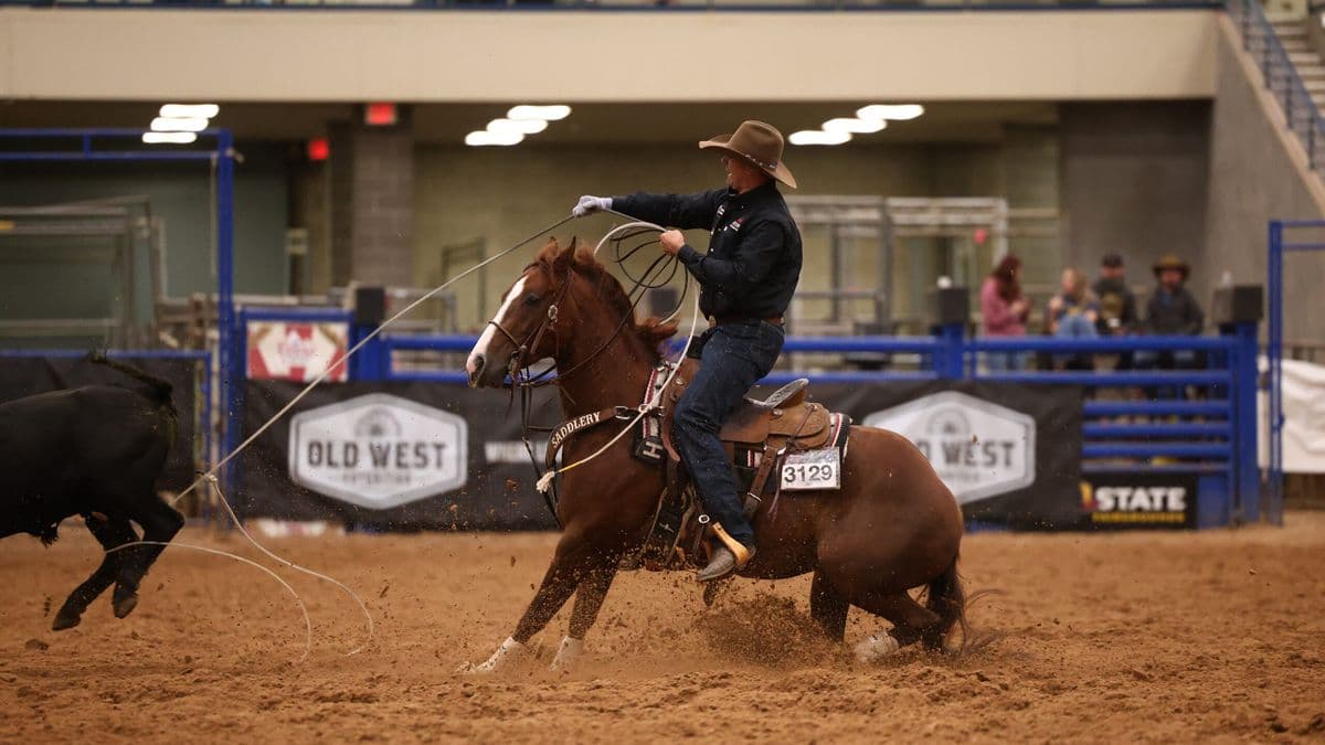 Andy Holcomb heels on Vintage Belair at the 2026 Old West World Championships in Amarillo, Texas.