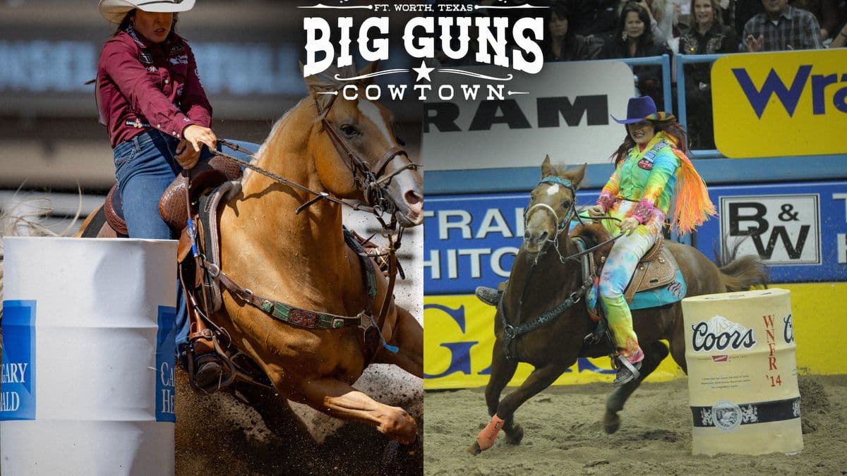 Hailey Kinsel turning a barrel at the Calgary Stampede beside Fallon Taylor turning a barrel at the 2014 NFR, under the Big Guns in Cowtown logo