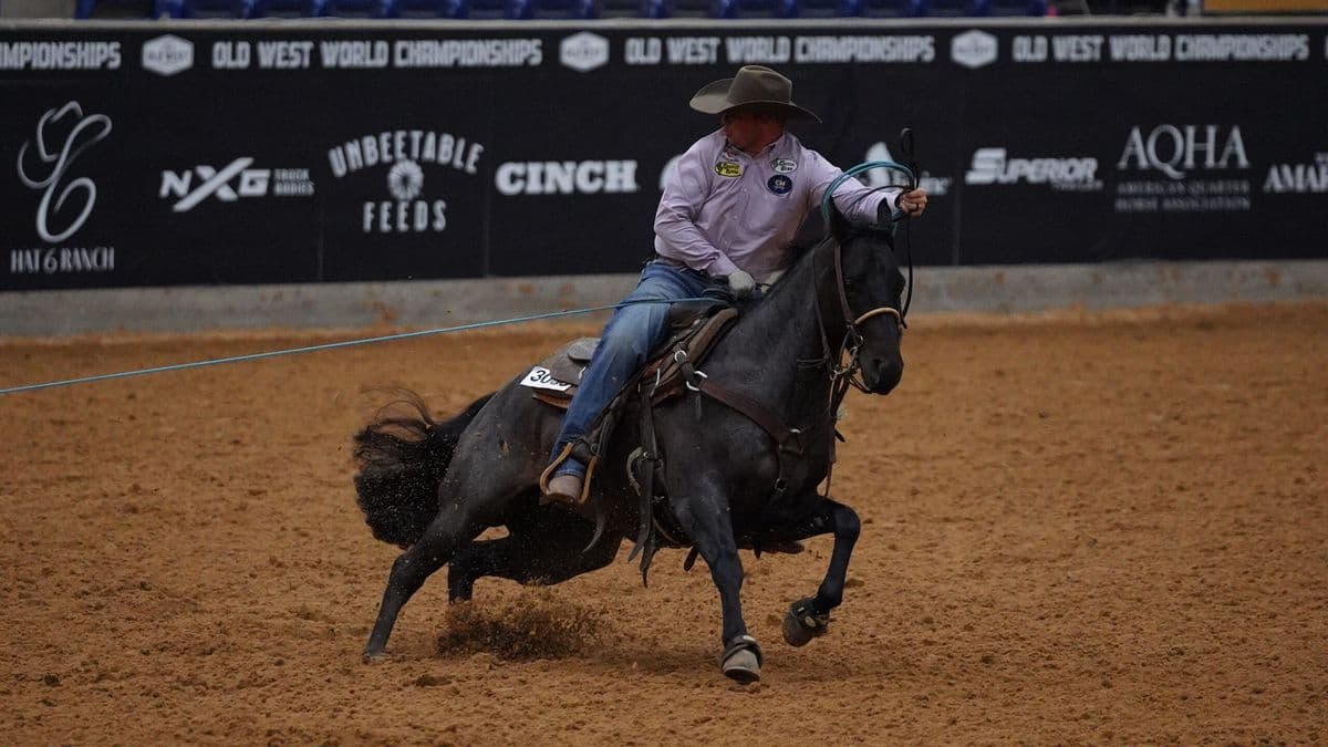 Culley Morgan heads on Vintage Roan at the 2026 Old West World Championships in Amarillo, Texas.