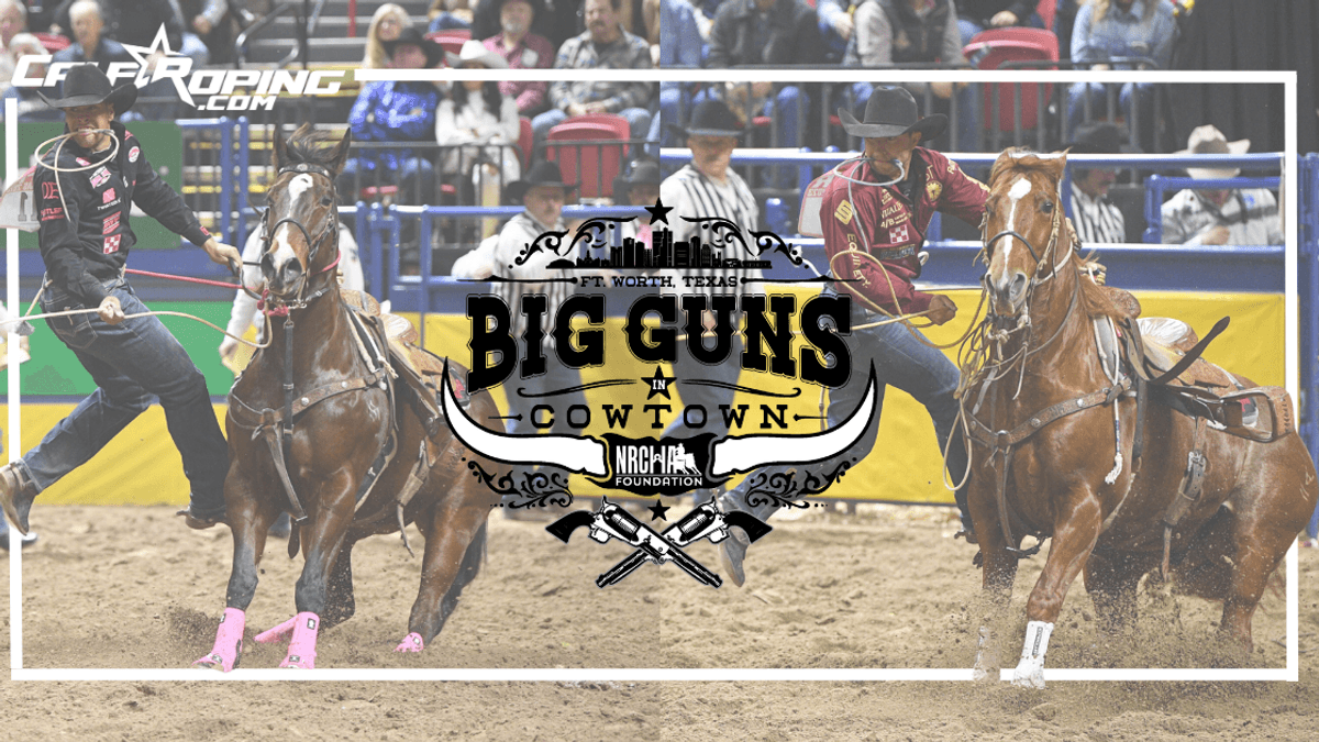 Barrel racers on horses competing at Big Guns in Cowtown rodeo in Fort Worth, Texas, with spectators in bleachers behind the arena