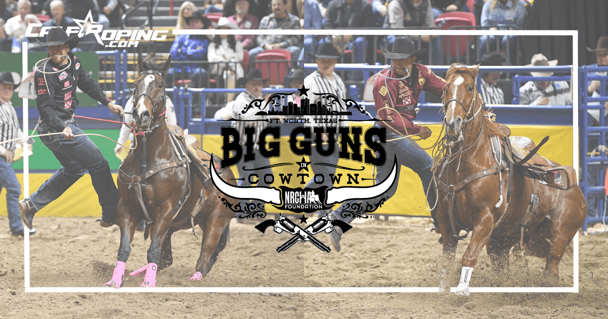 Barrel racers on horses competing at Big Guns in Cowtown rodeo in Fort Worth, Texas, with spectators in bleachers behind the arena