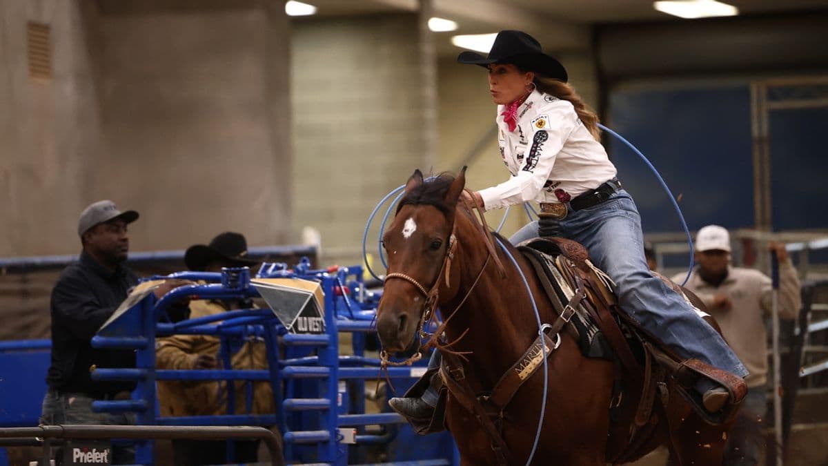 Jackie Crawford heads on Ichis Brown Gypsy at the 2026 Old West World Championships in Amarillo, Texas.