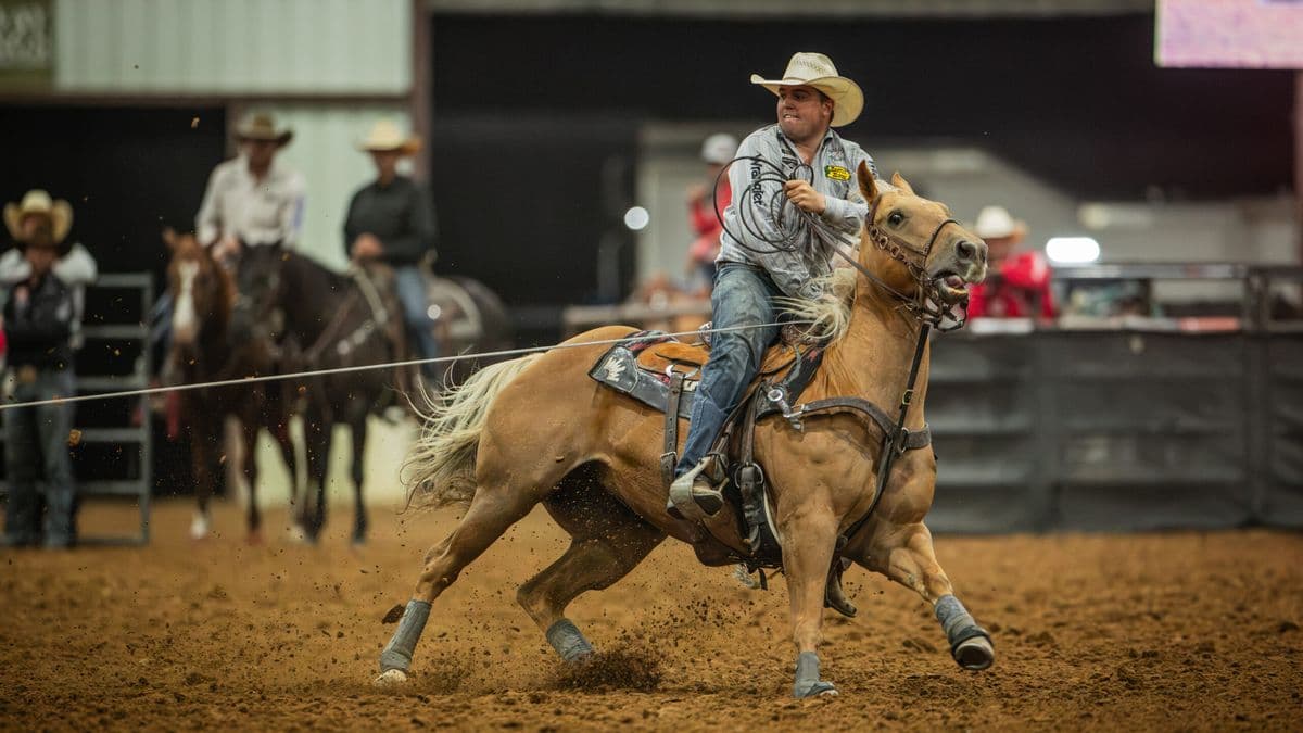 Ketch Kelton turns a steer on a palomino horse at the Last Hoorah in Stephenville, Texas.