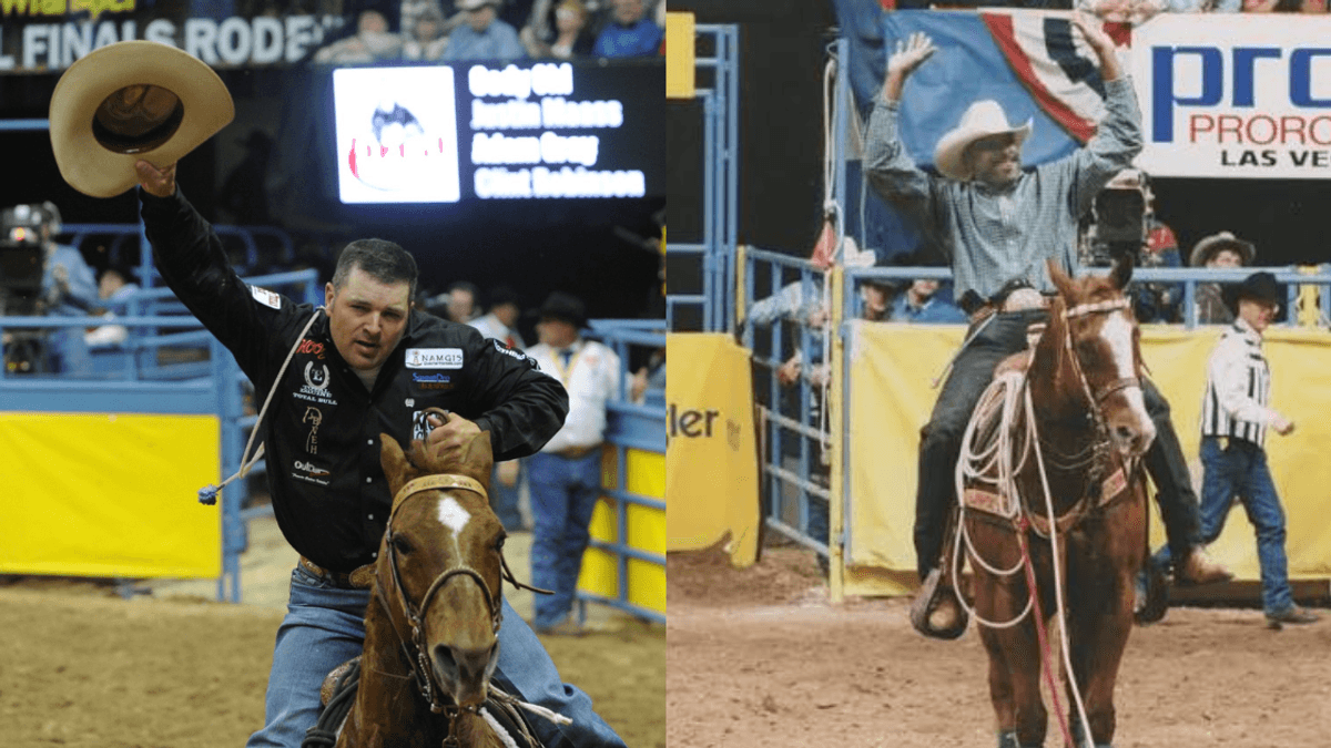 Two rodeo competitors celebrate victories on horseback, waving hats while riding in an arena with blue and yellow barriers at a professional rodeo event