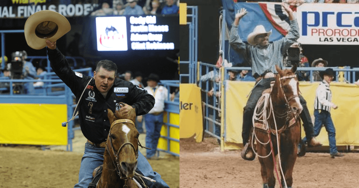 Two rodeo competitors celebrate victories on horseback, waving hats while riding in an arena with blue and yellow barriers at a professional rodeo event