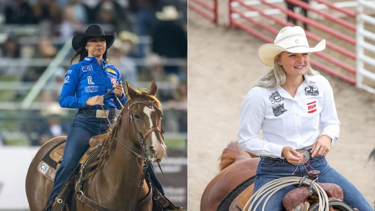 side by side photos of madison outhier and bradi good riding their horses smiling.