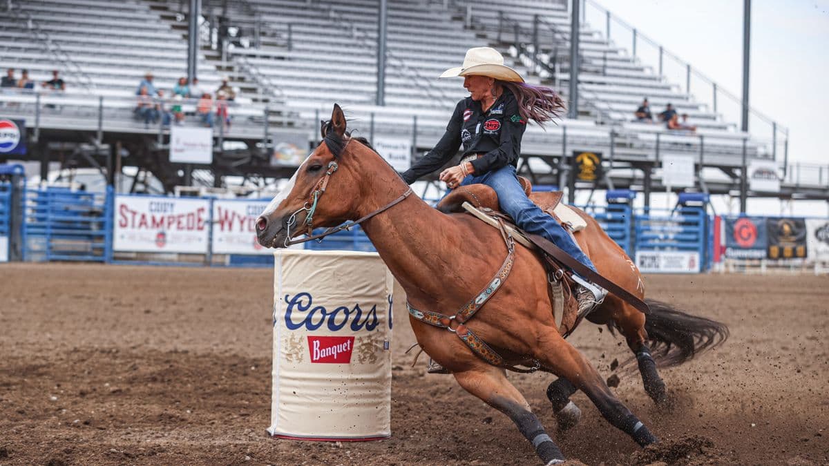 Megan Mcleod Sprague turns a barrel on a bay horse