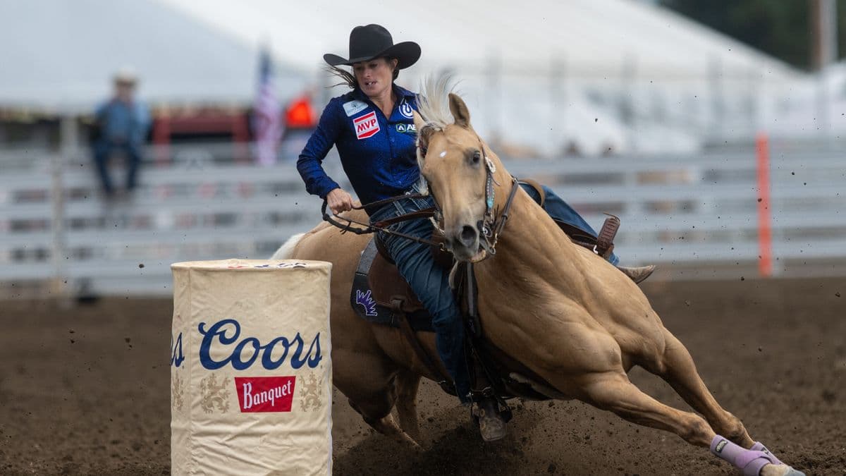 Hayle Stillwell turns a barrel on the yellow mare