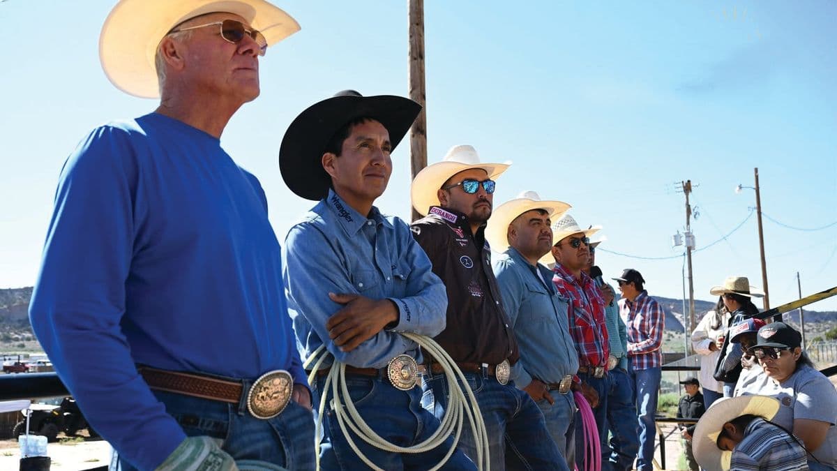 Clay Cooper, Derrick Begay, Erich Rogers, Ty Romo, Myles John and Aaron Tsinigine standing together with ropes at the Home of the Navajo PRCA Rodeo