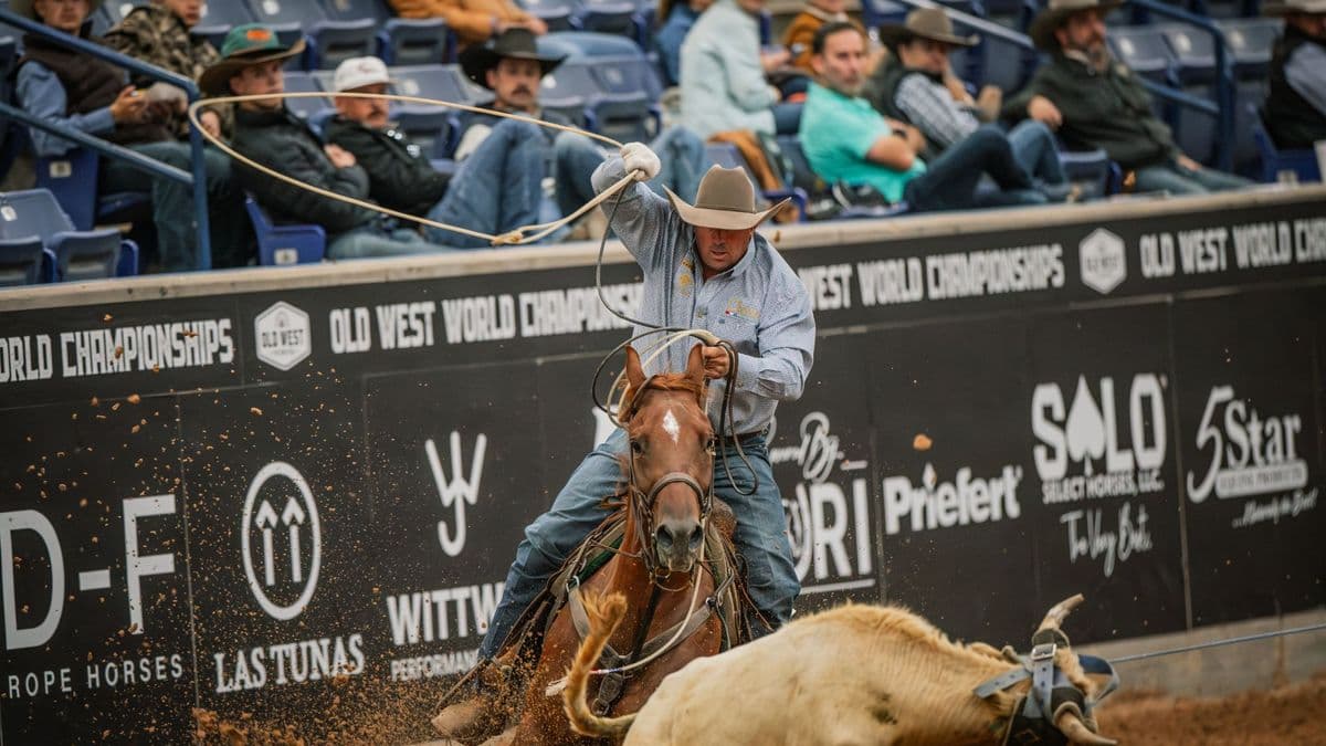 Jordan Allyn heels at the Old West World Championships in Amarillo, Texas.