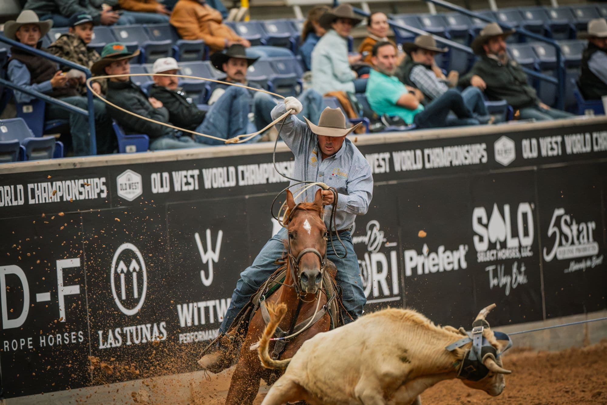 Jordan Allyn heels at the Old West World Championships in Amarillo, Texas.