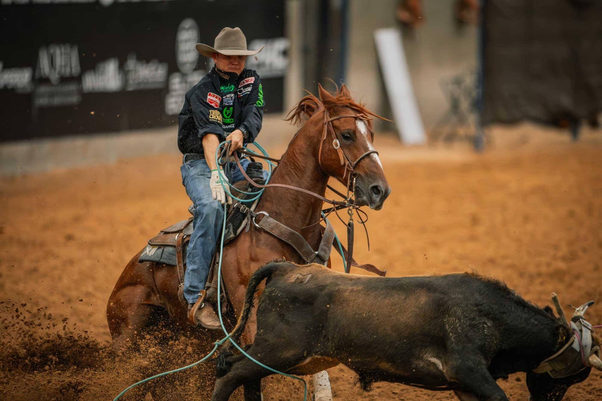 Hunter Koch heels on Rockk Star at the Old West World Championships in Amarillo, Texas.