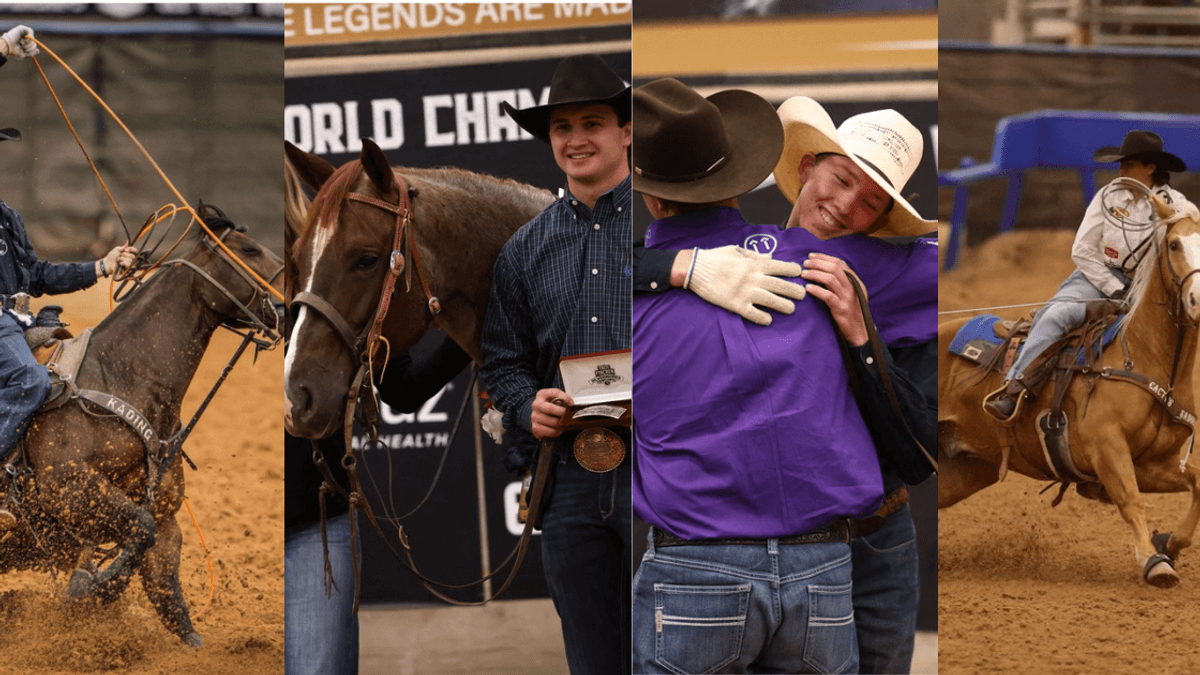 Collage of four team roping photos: two ropers in action, a buckle presentation and two cowboys hugging.