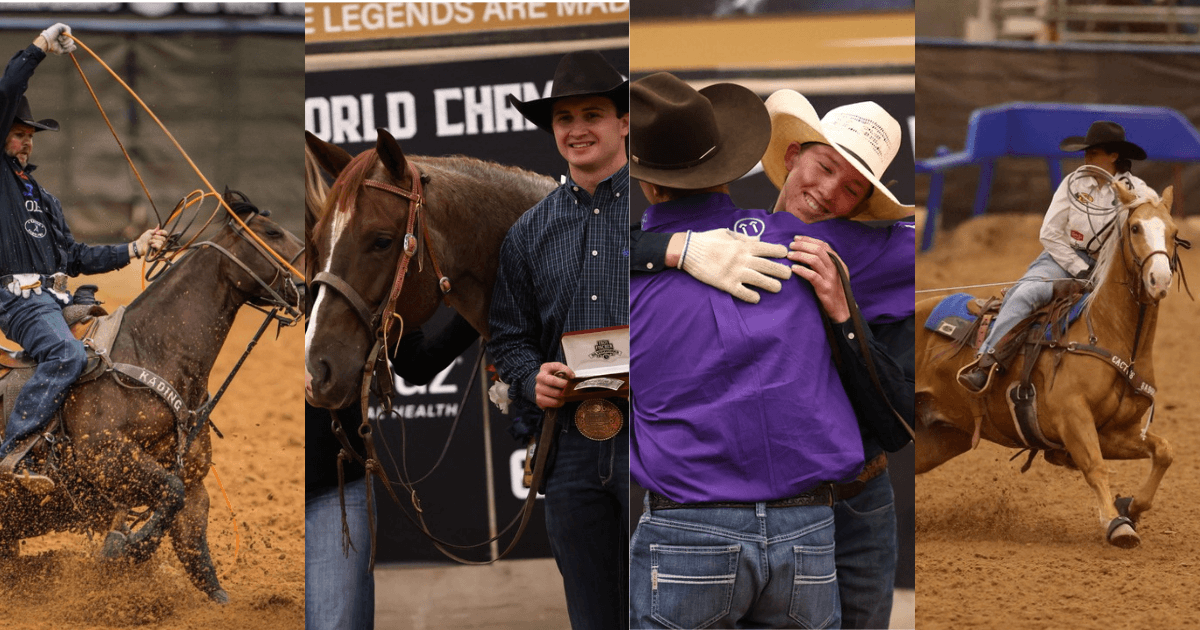 Collage of four team roping photos: two ropers in action, a buckle presentation and two cowboys hugging.