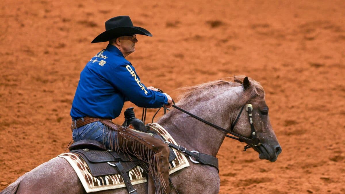 Cowboy in blue shirt and black hat rides gray horse across red dirt arena during rodeo event