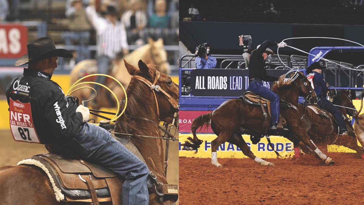 Paden Bray, left, and Joseph Harrison, right, heeling on sorrel horses at the NFR