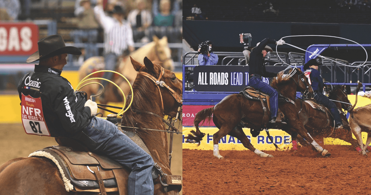 Paden Bray, left, and Joseph Harrison, right, heeling on sorrel horses at the NFR