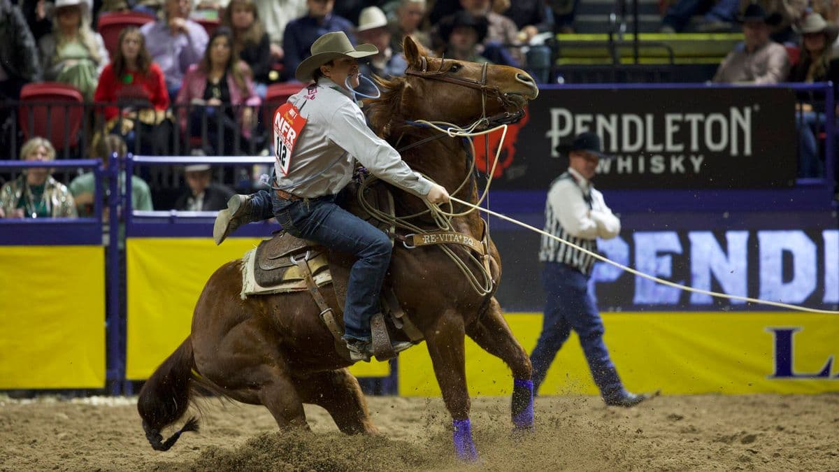 Quade Hiatt aboard JJ Shimmer Cat, aka "Big Red" in Round 1 of the 2024 NFR.