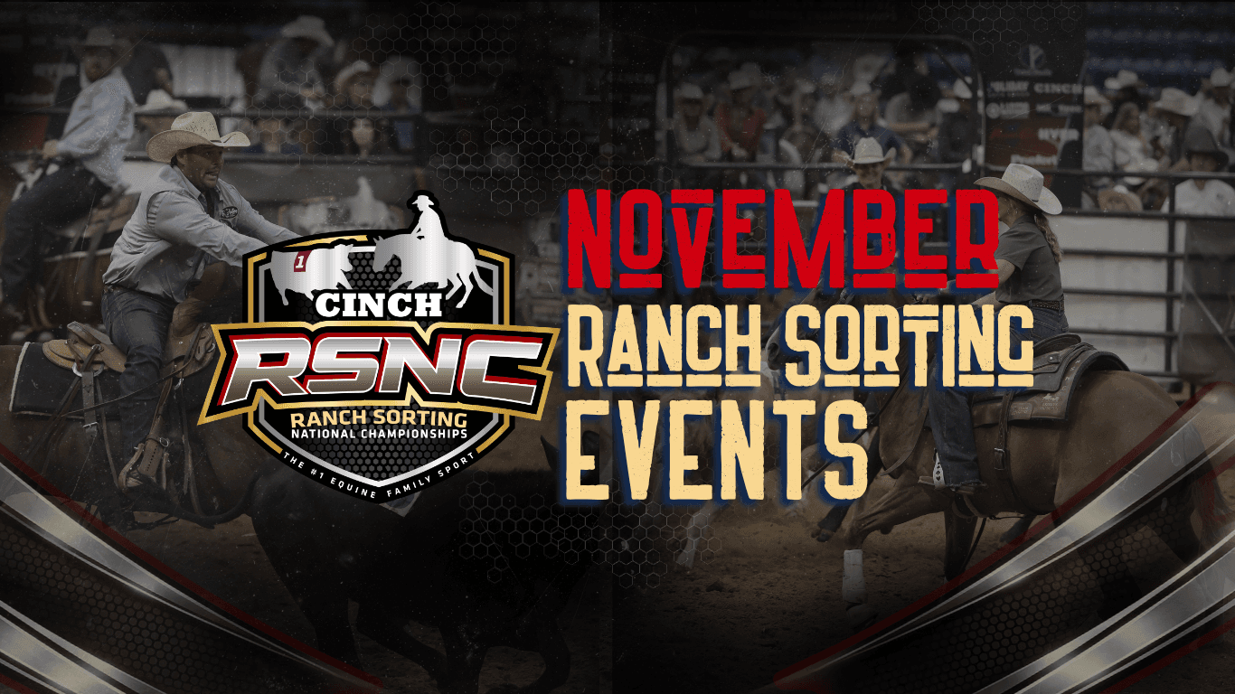 Cinch RSNC Ranch Sorting National Championships logo with cowboys on horseback sorting cattle, promoting November ranch sorting events
