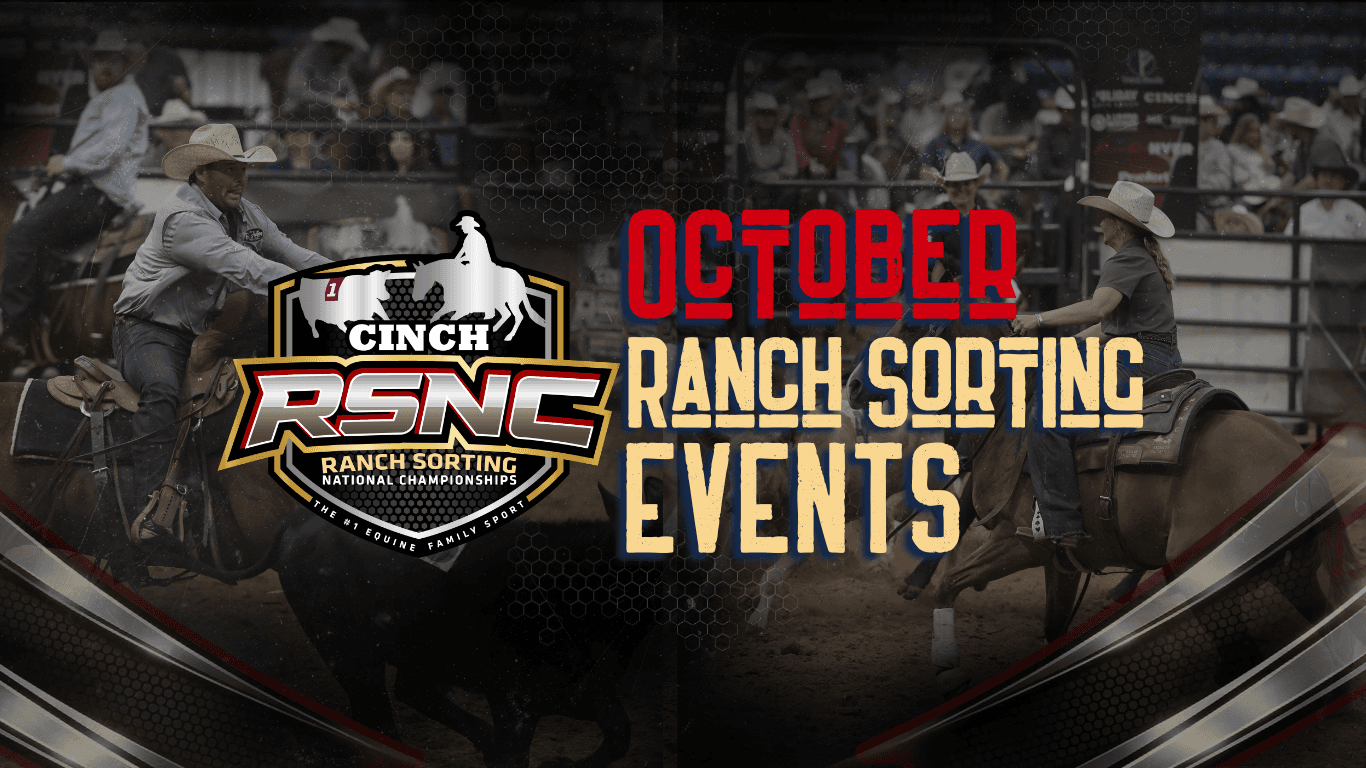 Cinch RSNC Ranch Sorting National Championships logo with cowboys on horseback sorting cattle in an arena, promoting October ranch sorting events
