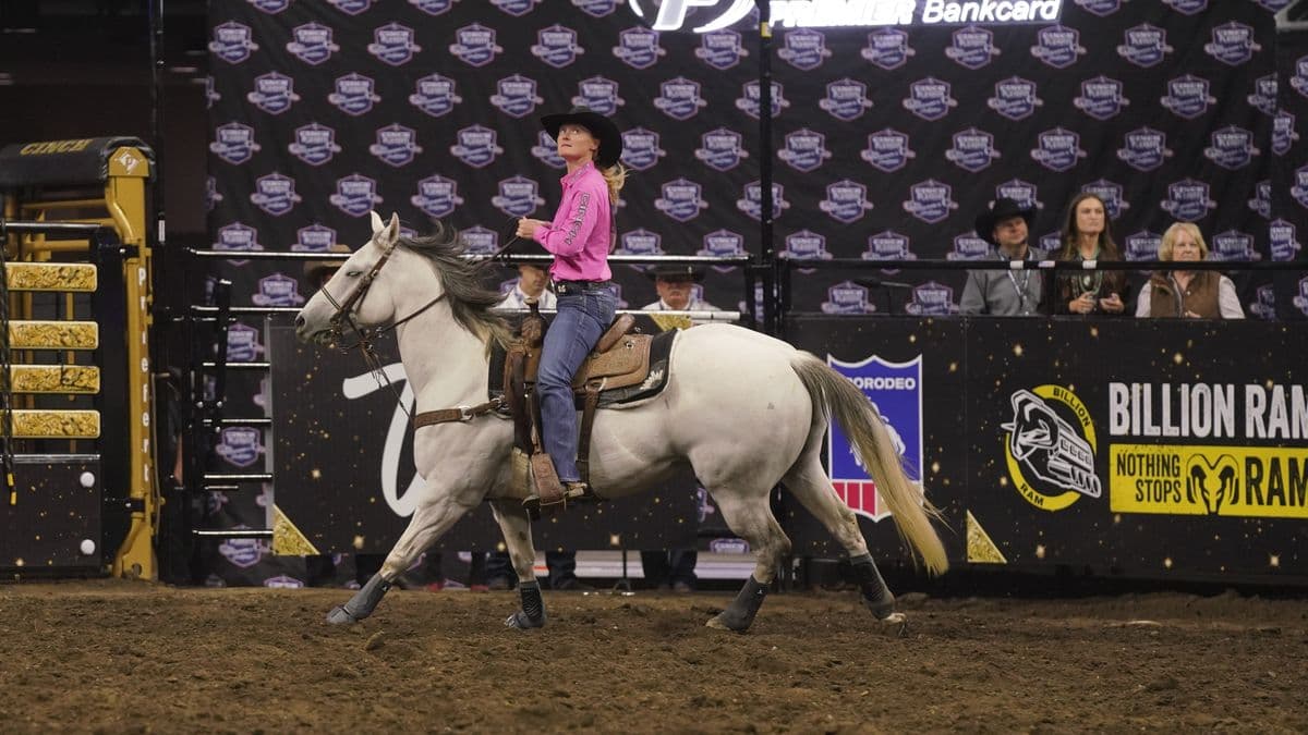 Breakaway roper Rylee George looks up at the scoreboard at the 2026 Governor’s Cup in Sioux Falls, South Dakota