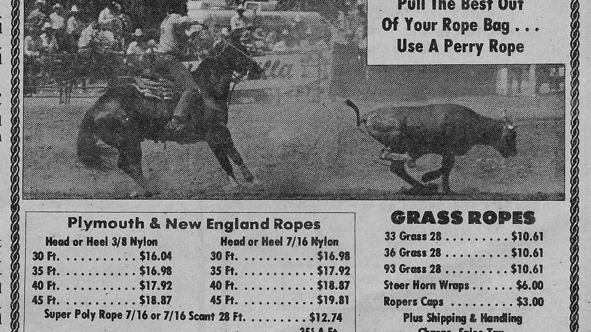 A vintage Perry's Western Shop rope advertisement from Ropers Sports News, featuring an action shot of Walt Woodard