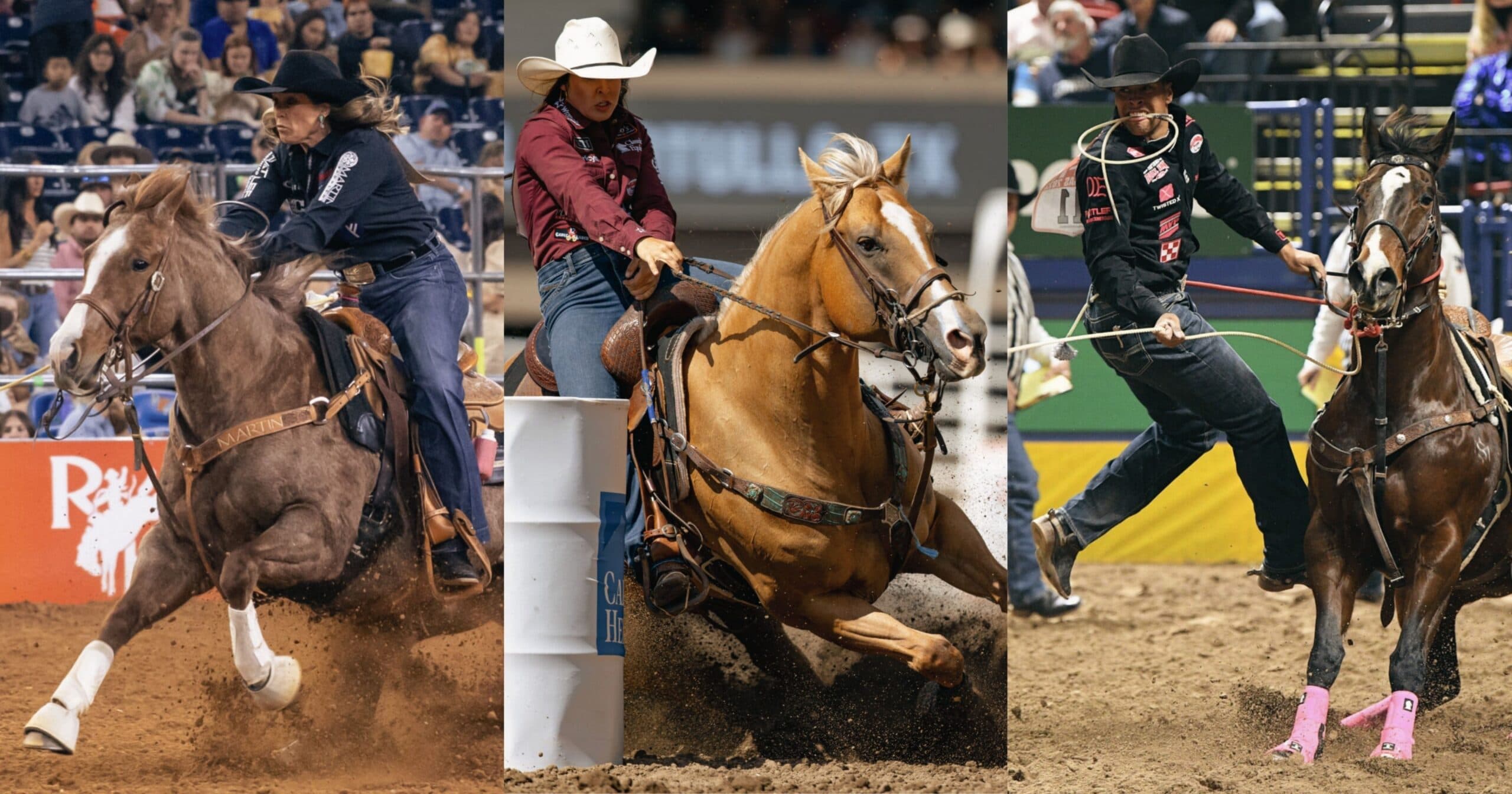 Rodeo competitors on horseback navigate barrel racing and turn events at indoor and outdoor arenas during professional rodeo competitions