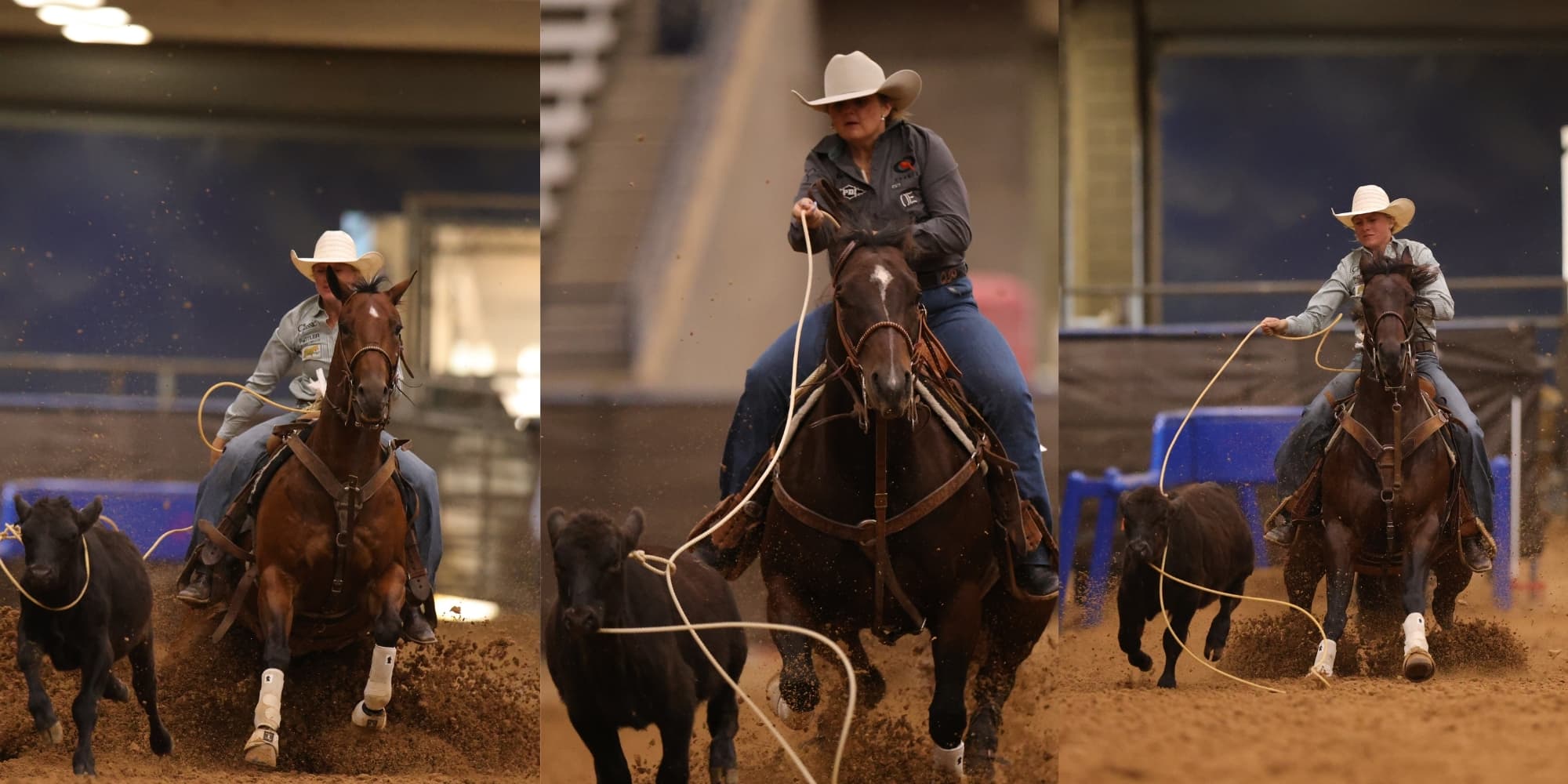 A collage of SJR Ferrari Mist, Reyzin Royals and Kid Outlaw all the the 2026 Old West World Championships in Amarillo, Texas.