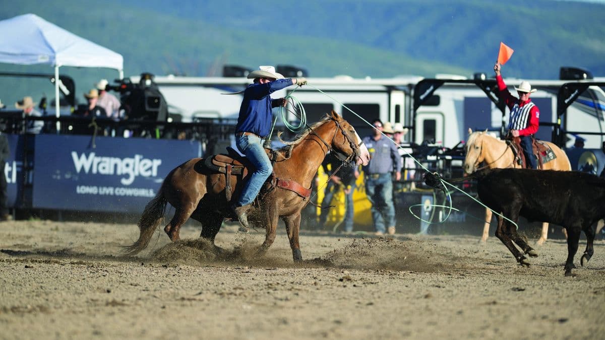 Trent Vaught heeling behind Cash Duty at the first pro rodeo held in Driggs, Idaho