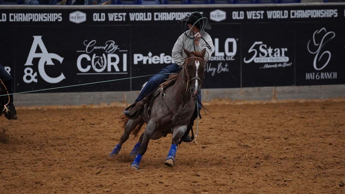 Trevor Boatwright heads on Little Miss Metallic at the 2026 Old West World Championships in Amarillo, Texas.