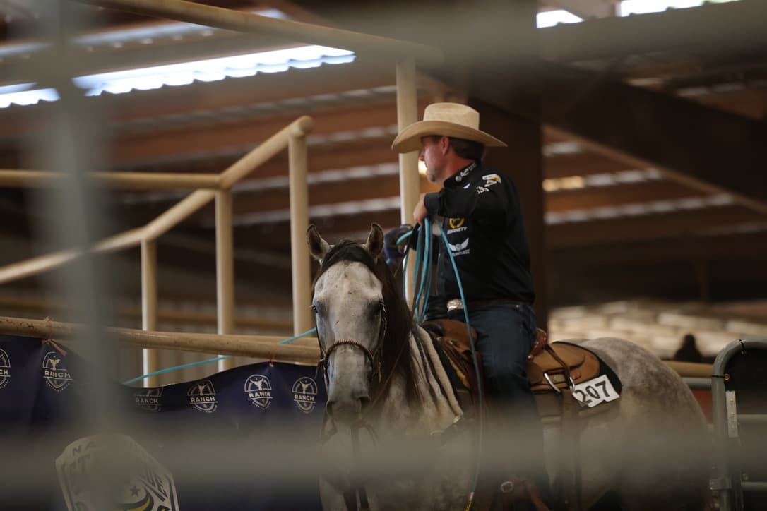 Cowboy in black shirt and tan hat rides gray horse in indoor arena at ranch sorting competition