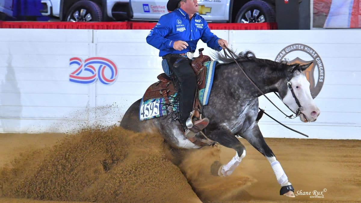 Barrel racer in blue shirt and black hat leans into turn on gray and white horse, kicking up dirt in arena with sponsor signage behind