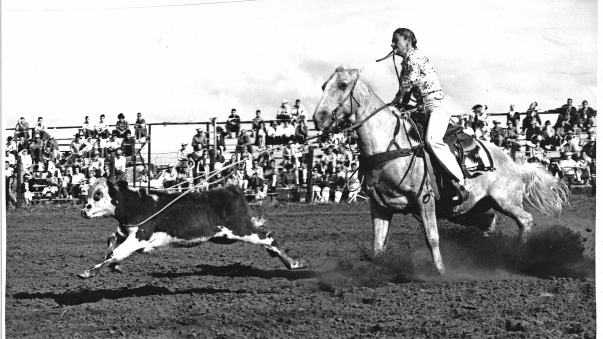 black and white photo of Wanda Harper Bush roping