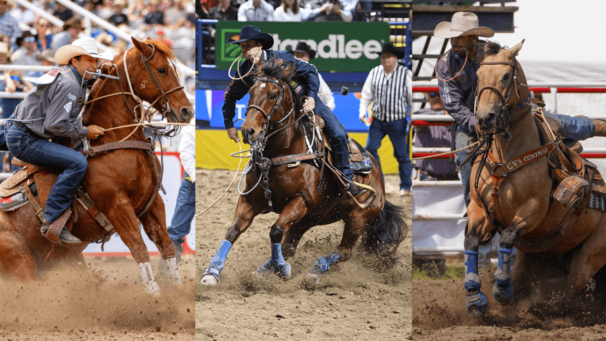 Three rodeo competitors perform barrel racing and roping events on brown horses, kicking up dust in arena action at a professional rodeo