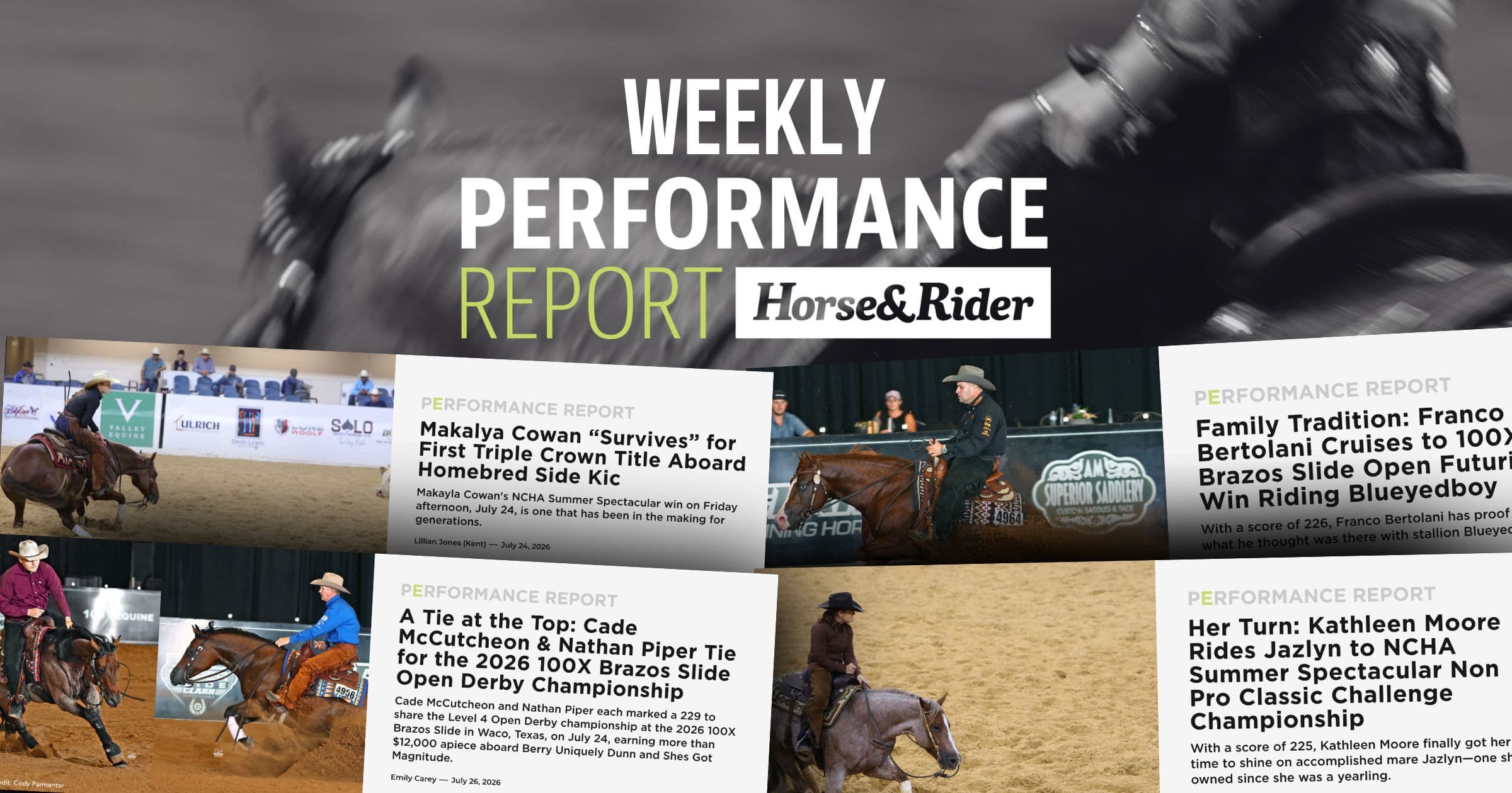 Horse&Rider Weekly Performance Report graphic with headline clippings and photos of reining and cutting riders competing