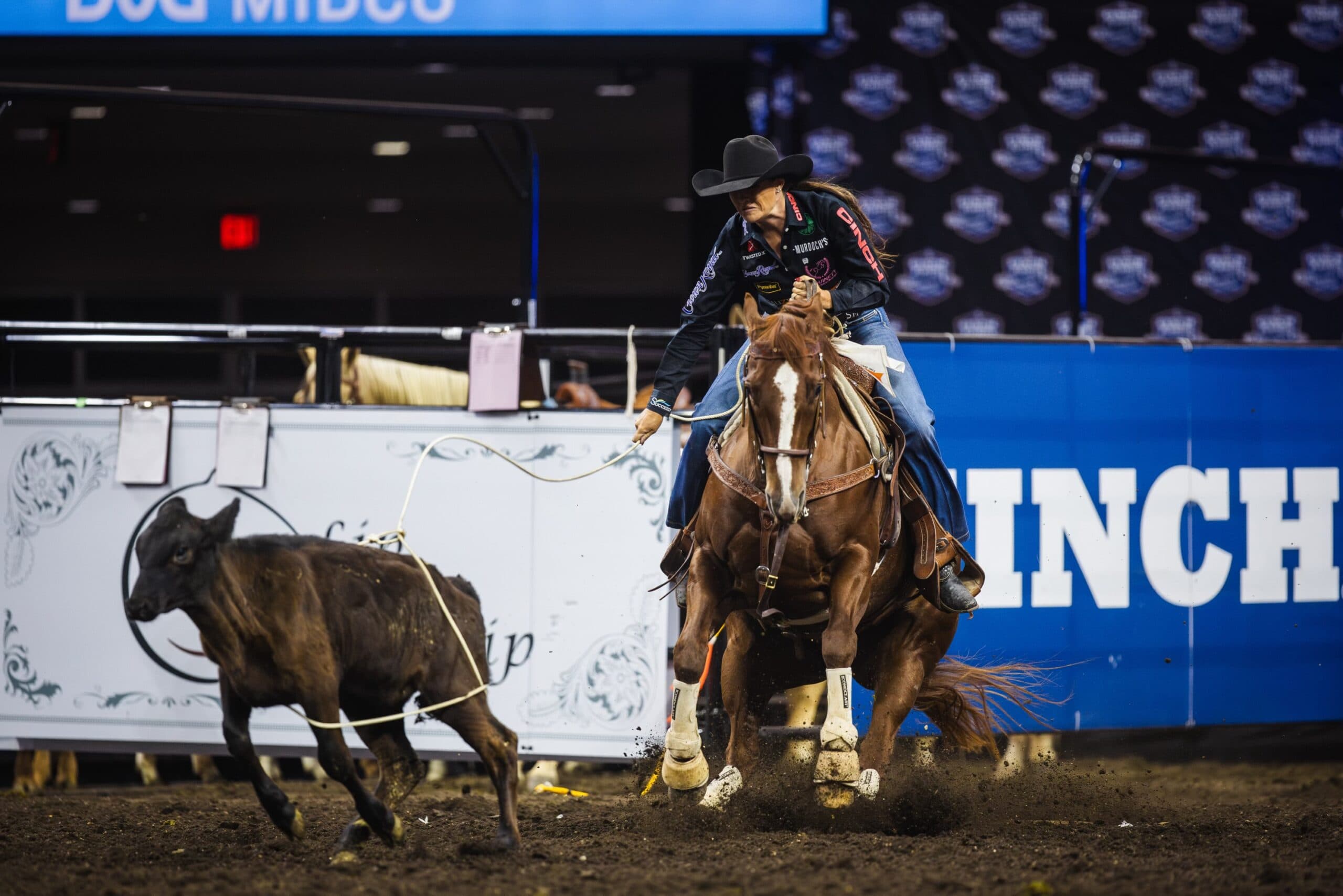Shelby Meged threw a big loop and roped her calf deep in the Final Four round of the Governor's Cup in Sioux Falls, stopping the clock in 1.6 seconds.
