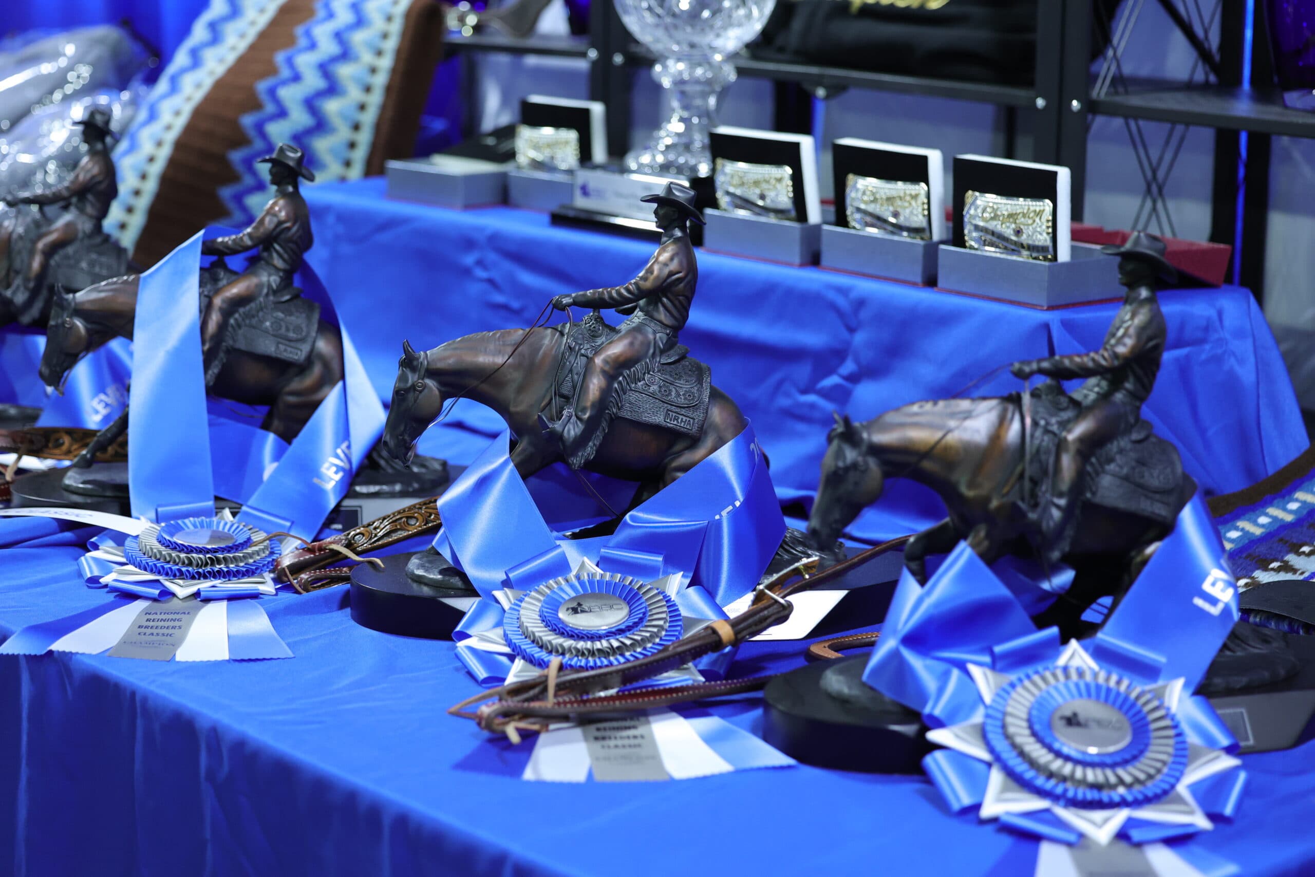 Bronze reining horse and rider trophies displayed with blue rosette ribbons and trophy buckles on a blue-draped awards table