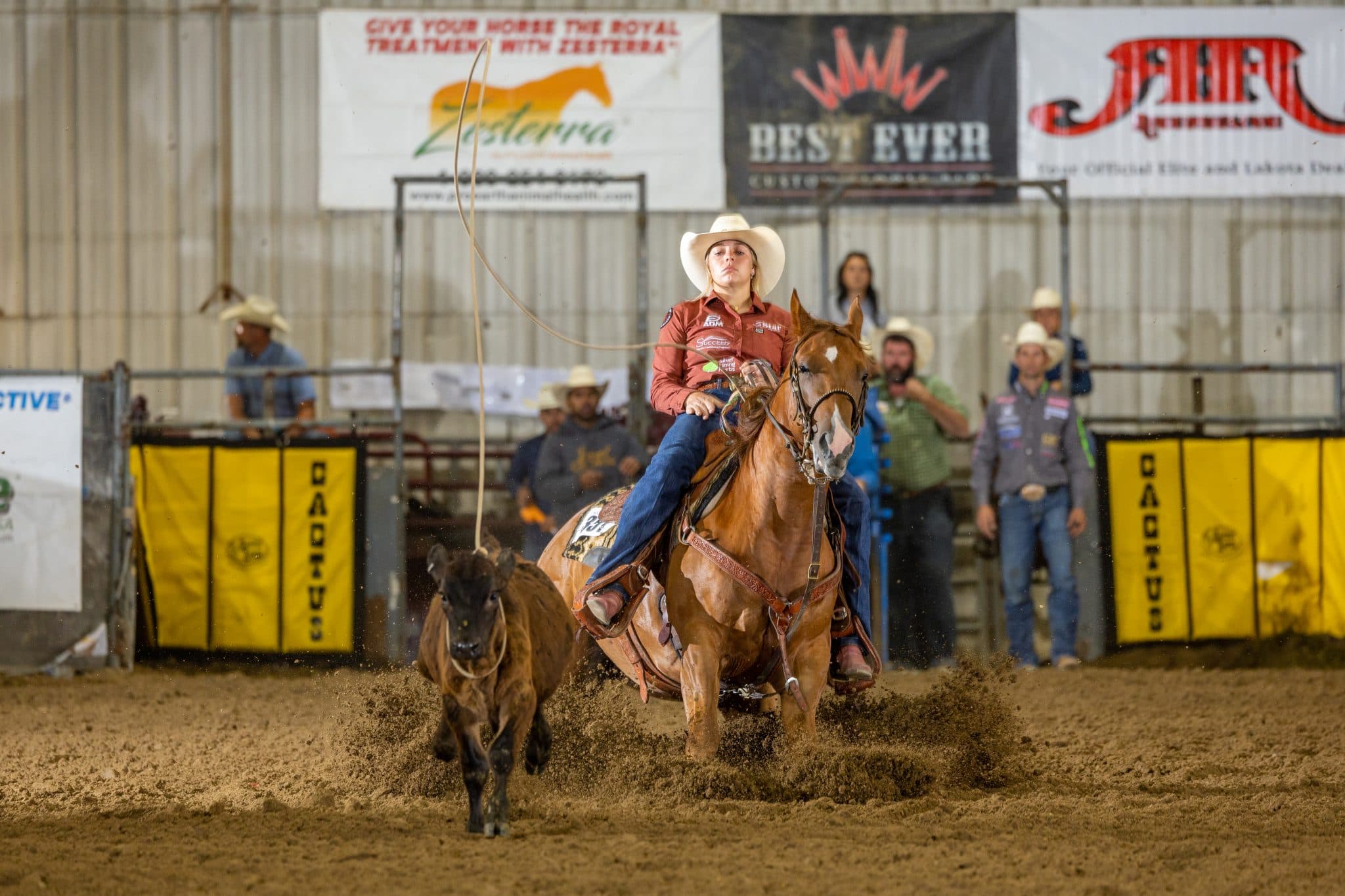 Breakaway roper in a red shirt and cream cowboy hat swings her loop as her sorrel horse chases a calf across the arena