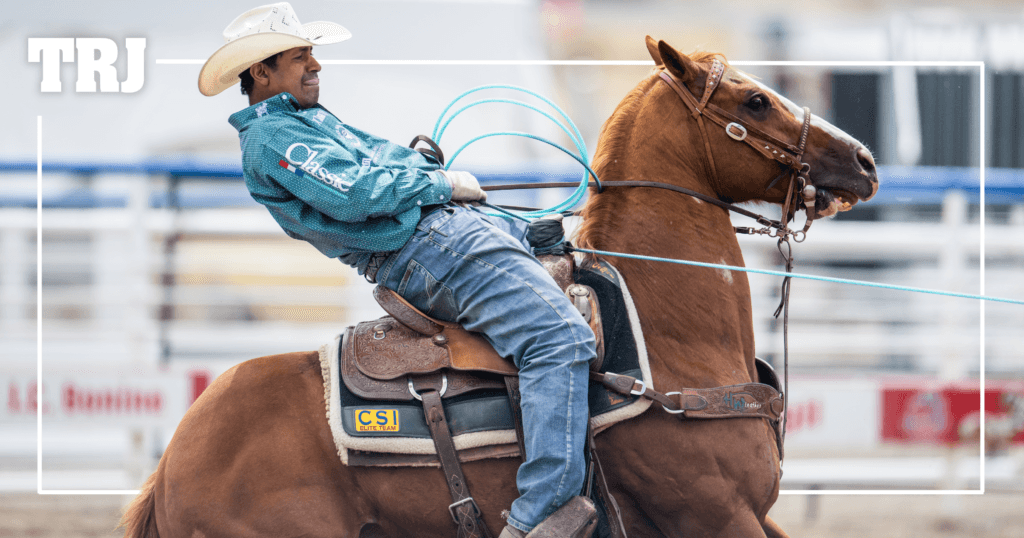 Team roping header leans back in the saddle on a sorrel horse, rope taut, as he dallies off during a run