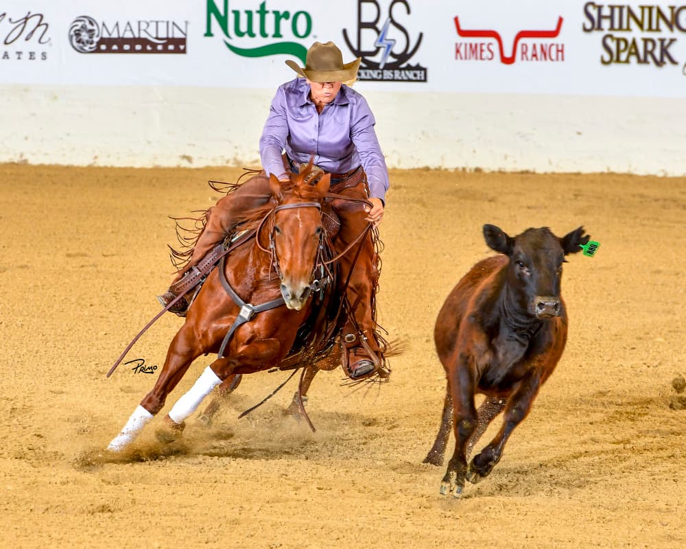 Rider in a purple shirt and straw hat works a black calf on a sorrel horse sliding through the arena dirt during a cutting run