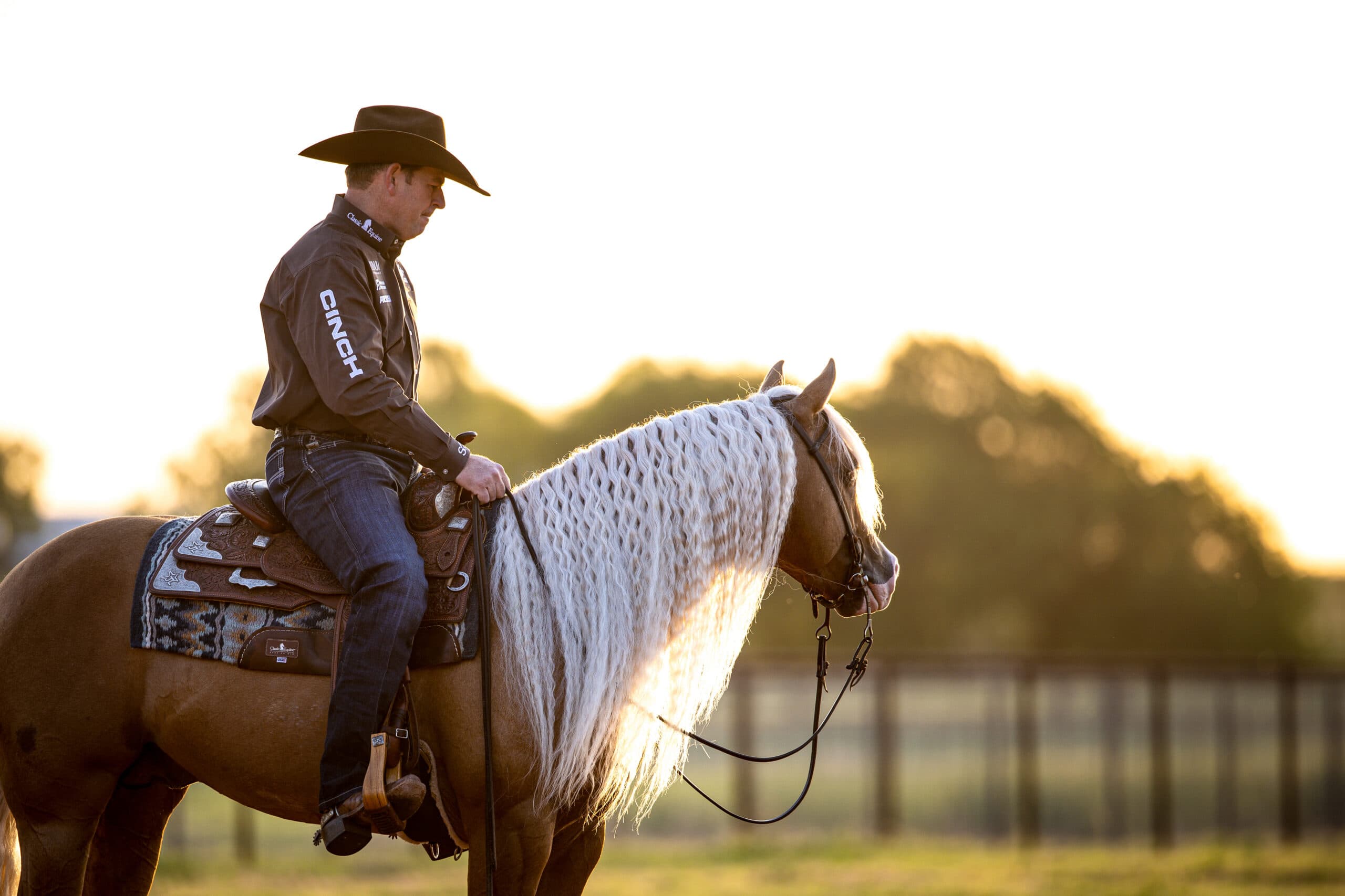 Cowboy in a brown Cinch shirt and black hat sits astride a palomino horse with a long flaxen mane at sunset