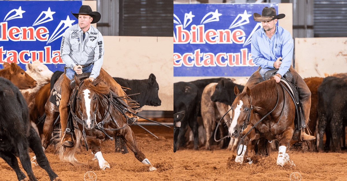 Two cutting horse riders work sorrel horses in front of cattle at the Abilene Spectacular, shown side by side