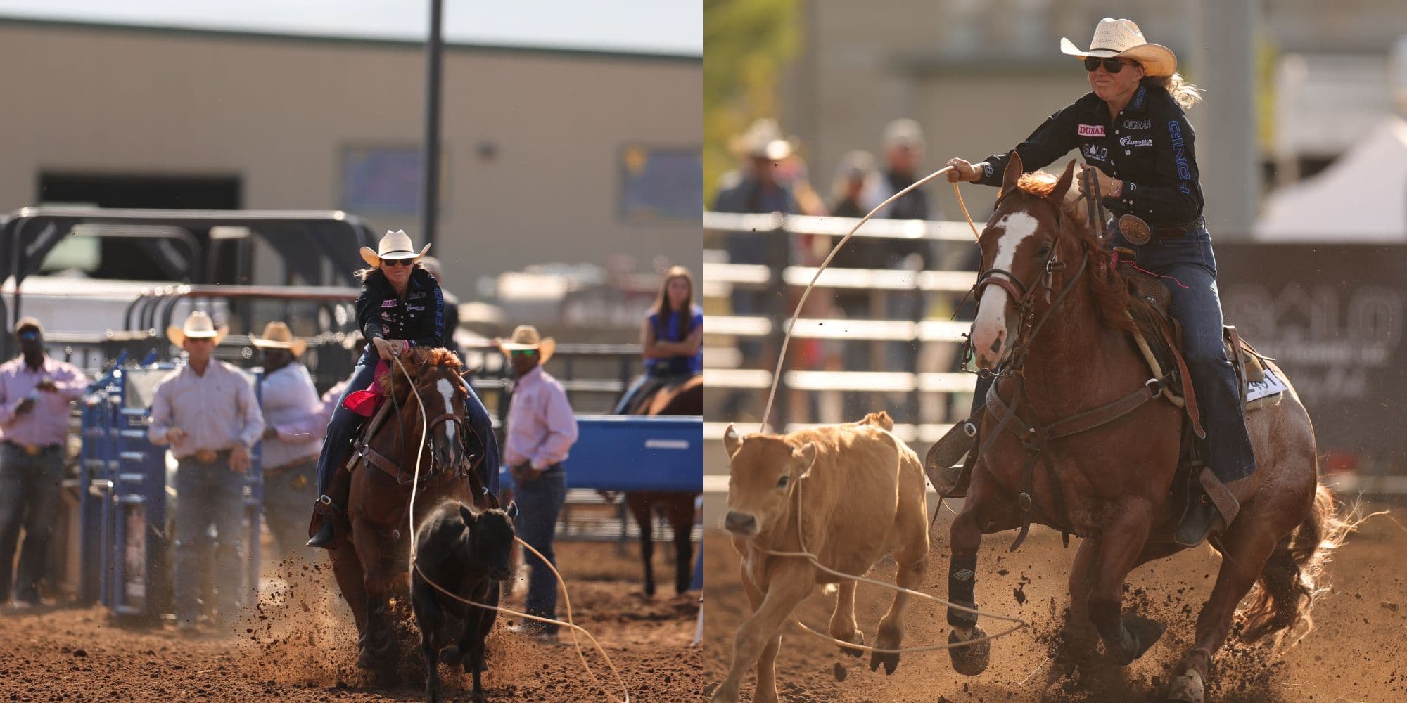Split screen photo of Cheyanne McCartney riding Hez Talkin Smack and Thiccthirty to win both the 4-&-under and 6-&-under breakaway futurity in Heber City Utah