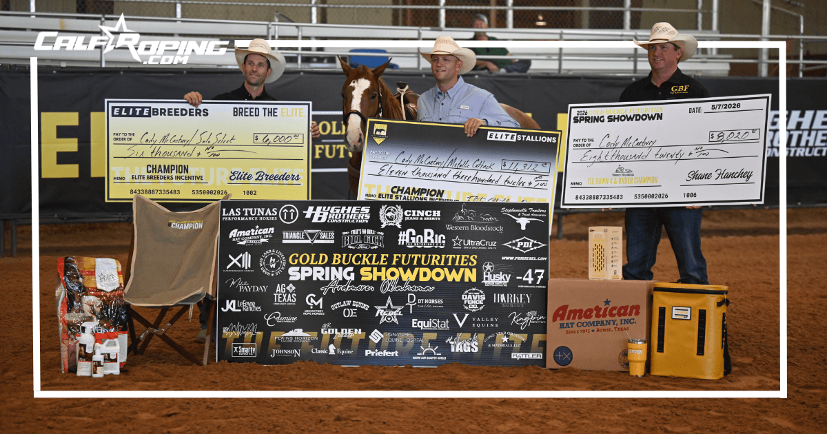 Three men in cowboy hats hold oversized winner's checks beside a sorrel horse at a sponsor banner presentation in an indoor arena