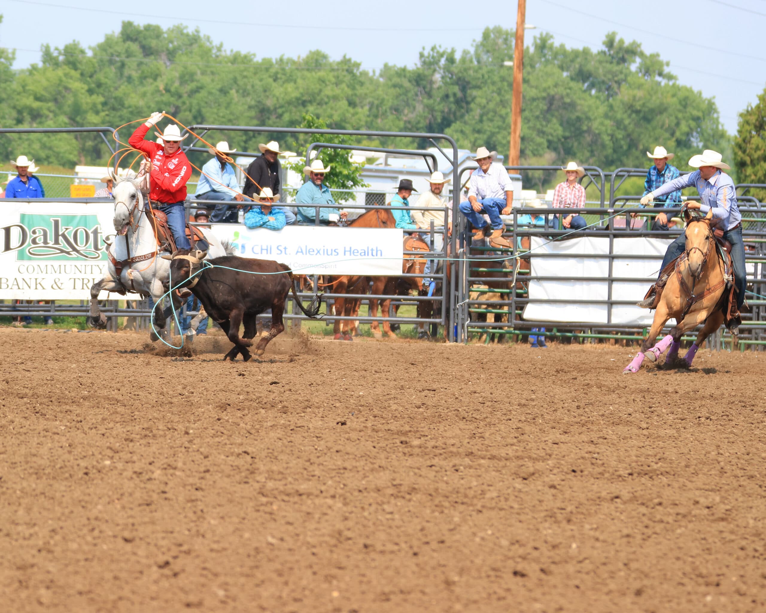 Team ropers on horseback chase a steer during a rodeo event, with spectators watching from the stands at a Dakota Community Bank & Trust venue