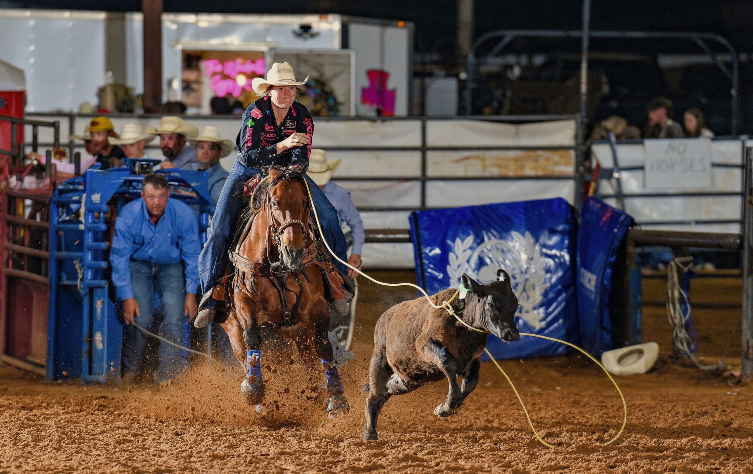 Taylor Munsell and "Monster" prepare to break the rope off in Hugo, Oklahoma, where she cashed in a check for fifth place, boosting herself over the $100K mark.