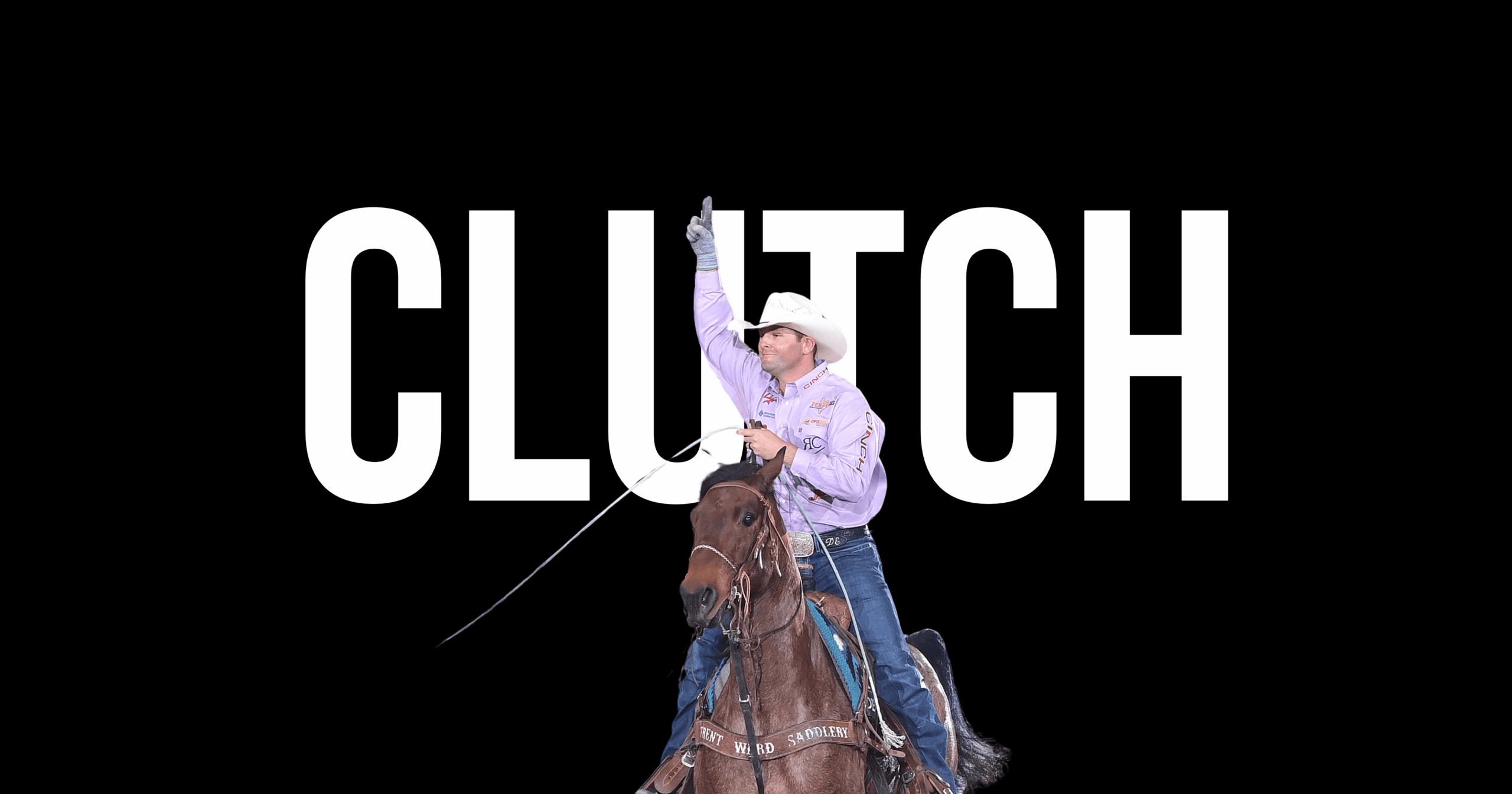 Cowboy on brown horse raising his fist in celebration with "CLUTCH" text overlay on black background