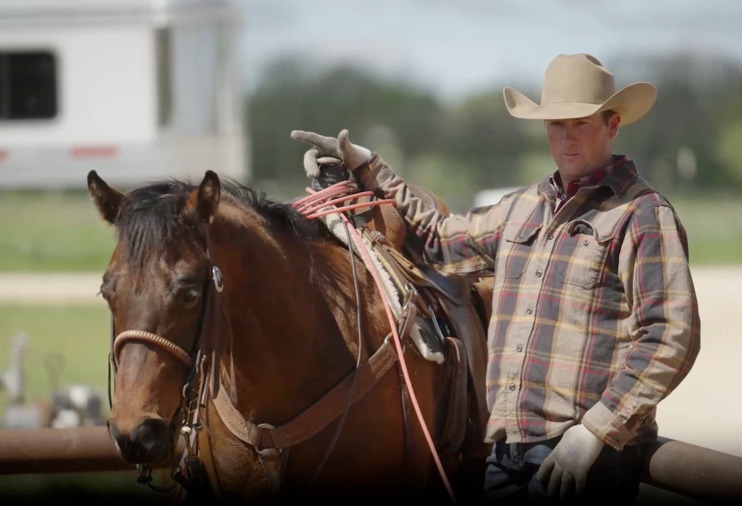 Cowboy in plaid shirt and tan Stetson holds saddled brown horse's reins while standing at a rodeo grounds with horse trailer visible behind him